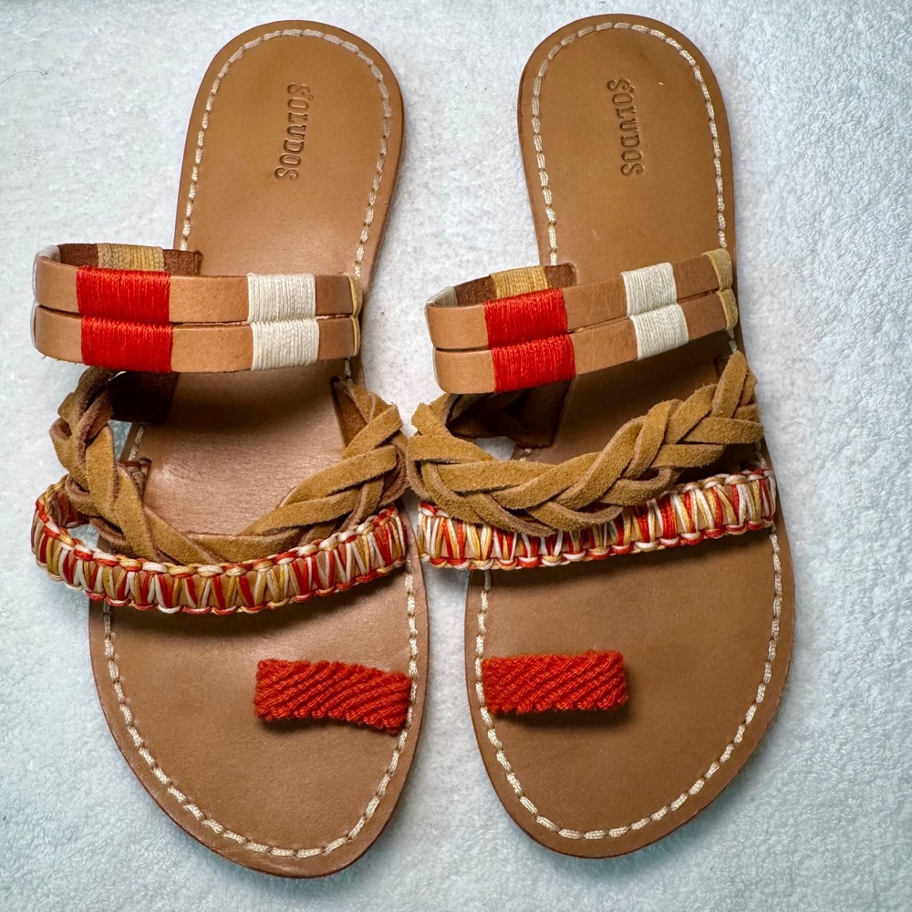Soludos Womens 6.5 Leather Braided Woven Toe Loop Slide Sandals Tan Red Multi